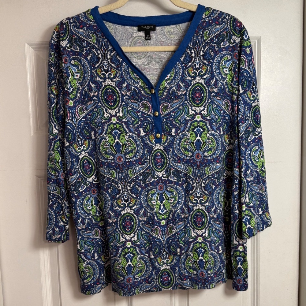 Talbots Woman Paisley Print V Neck Henley Top 3/4 Sleeve Blue Green 2X‎